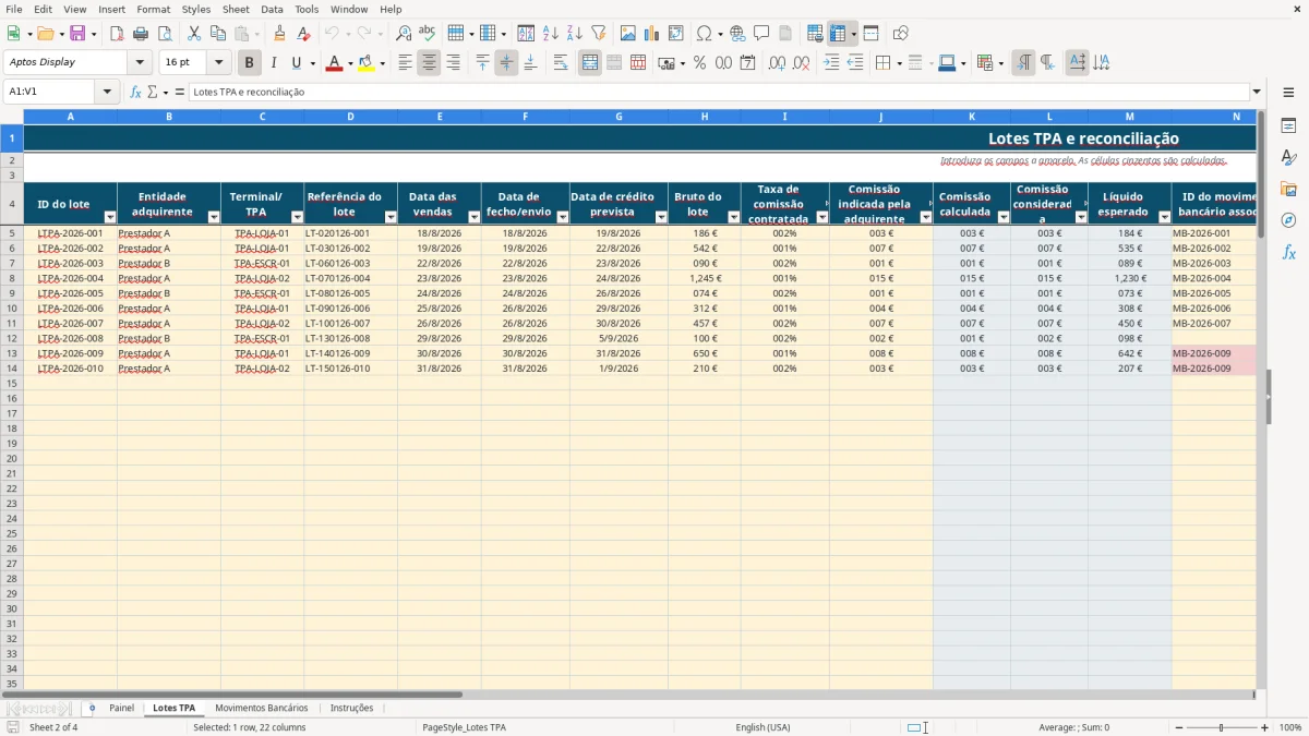 Pré-visualização da folha Lotes TPA do ficheiro Reconciliação de pagamentos por TPA em Excel: Modelo Grátis