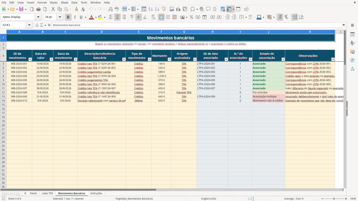 Pré-visualização da folha Movimentos Bancários do ficheiro Reconciliação de pagamentos por TPA em Excel: Modelo Grátis