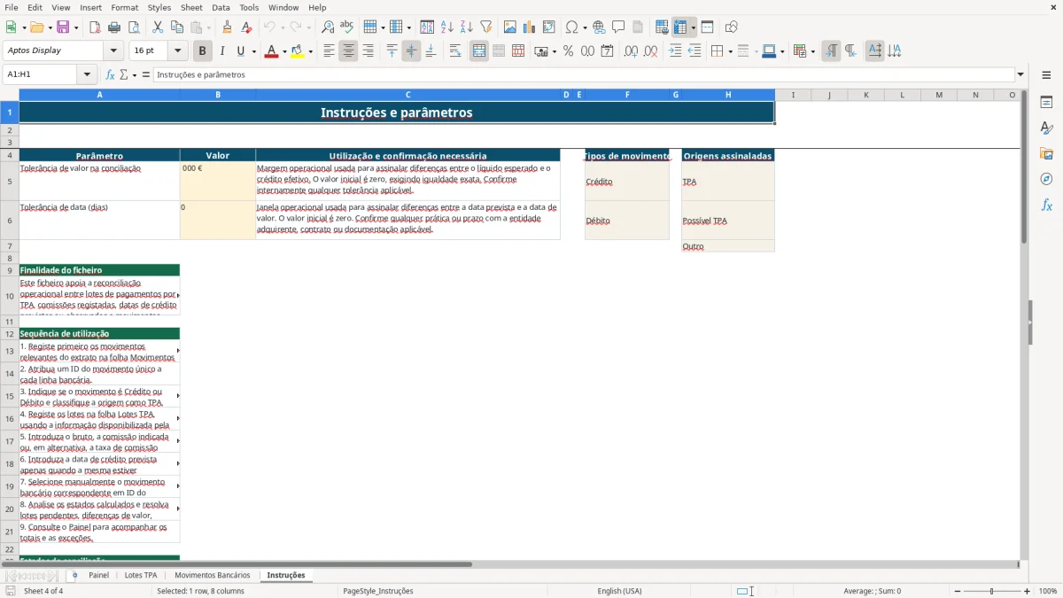 Pré-visualização da folha Instruções do ficheiro Reconciliação de pagamentos por TPA em Excel: Modelo Grátis