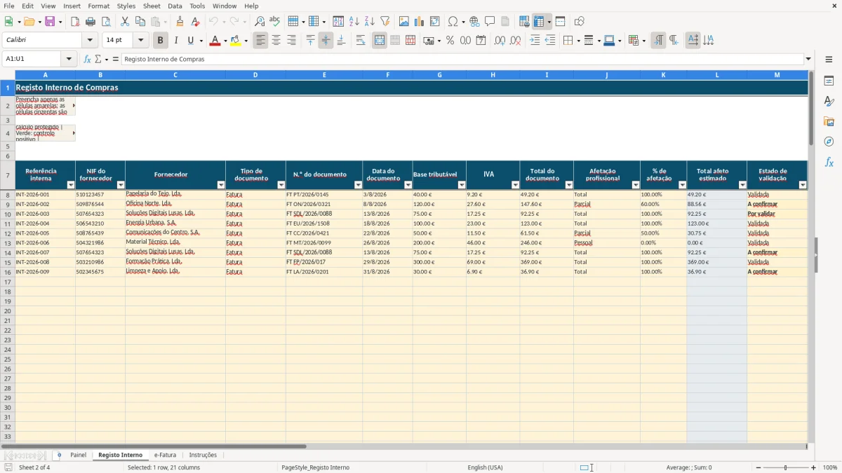 Pré-visualização da folha Registo Interno do ficheiro Reconciliação e-Fatura de fornecedores em Excel: Modelo Grátis