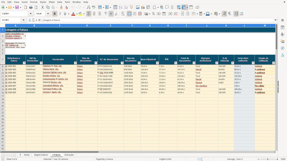 Pré-visualização da folha e-Fatura do ficheiro Reconciliação e-Fatura de fornecedores em Excel: Modelo Grátis
