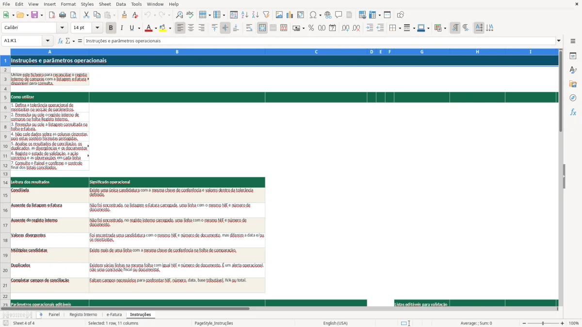 Pré-visualização da folha Instruções do ficheiro Reconciliação e-Fatura de fornecedores em Excel: Modelo Grátis