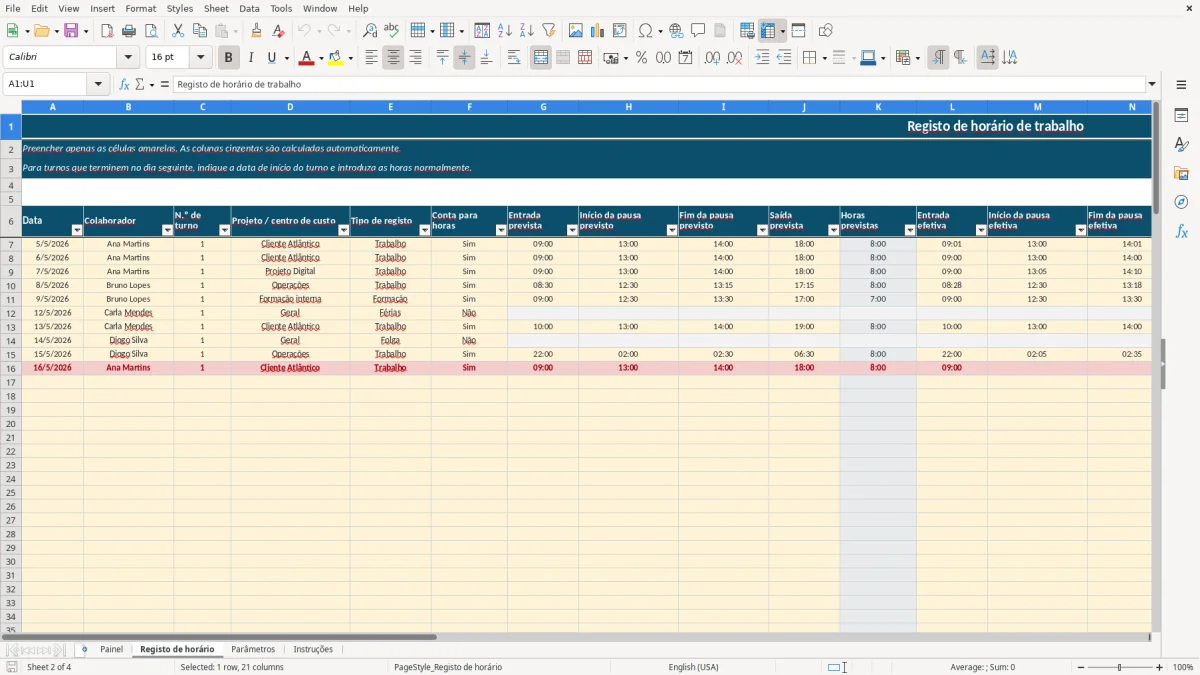 Pré-visualização da folha Registo de horário do ficheiro Registo do horário de trabalho em Excel: Modelo Grátis