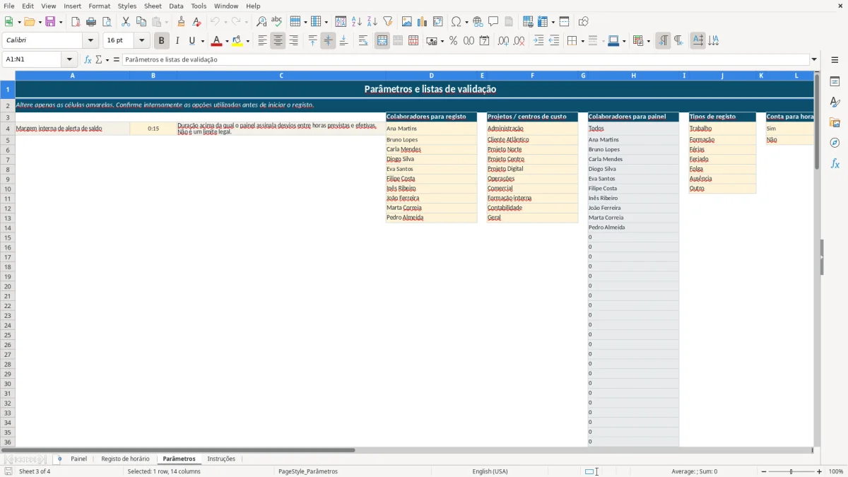 Pré-visualização da folha Parâmetros do ficheiro Registo do horário de trabalho em Excel: Modelo Grátis