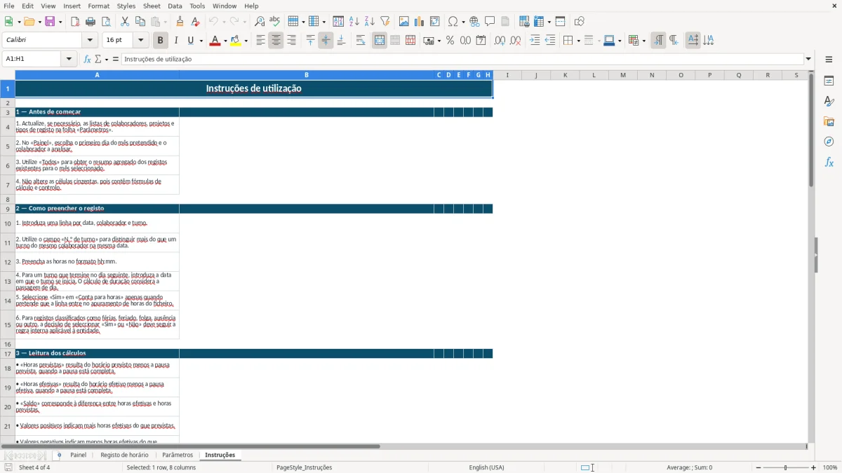 Pré-visualização da folha Instruções do ficheiro Registo do horário de trabalho em Excel: Modelo Grátis