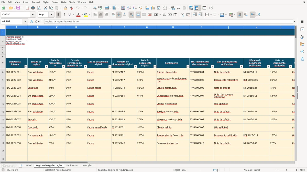 Pré-visualização da folha Registo de regularizações do ficheiro Regularizações de IVA em Excel: Modelo Grátis