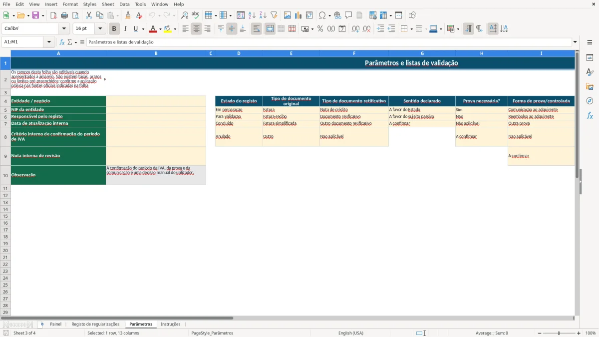 Pré-visualização da folha Parâmetros do ficheiro Regularizações de IVA em Excel: Modelo Grátis