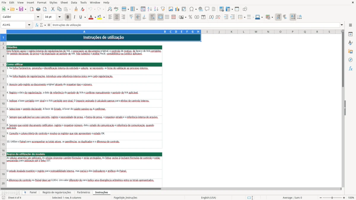 Pré-visualização da folha Instruções do ficheiro Regularizações de IVA em Excel: Modelo Grátis