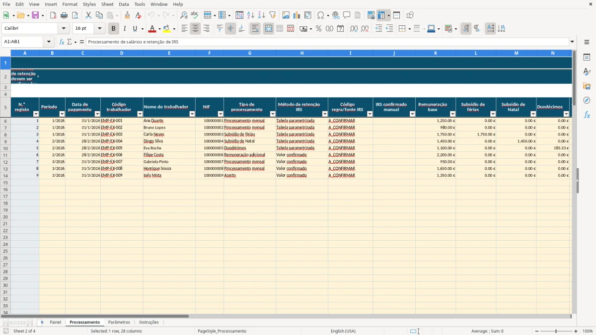 Pré-visualização da folha Processamento do ficheiro Retenção de IRS em salários em Portugal: Modelo Excel Grátis