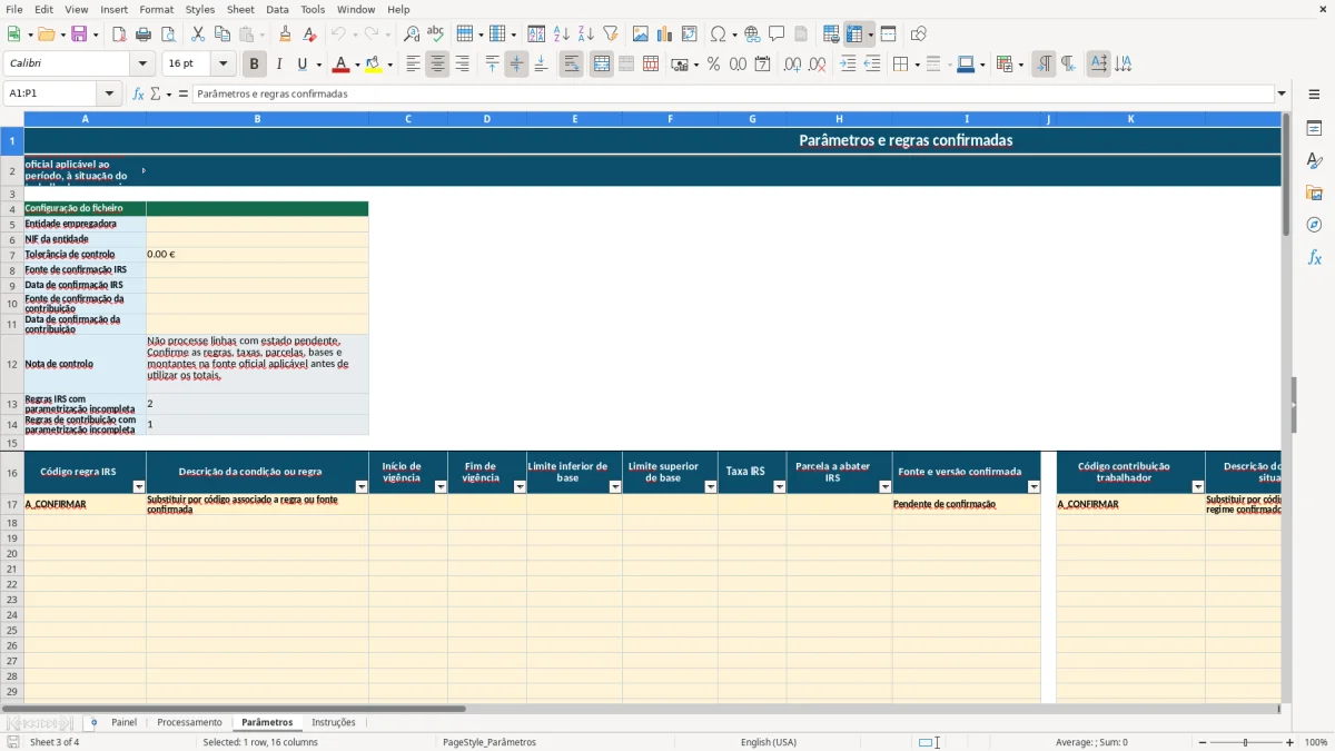 Pré-visualização da folha Parâmetros do ficheiro Retenção de IRS em salários em Portugal: Modelo Excel Grátis