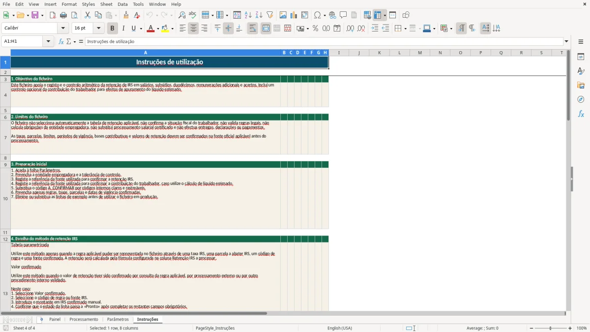 Pré-visualização da folha Instruções do ficheiro Retenção de IRS em salários em Portugal: Modelo Excel Grátis