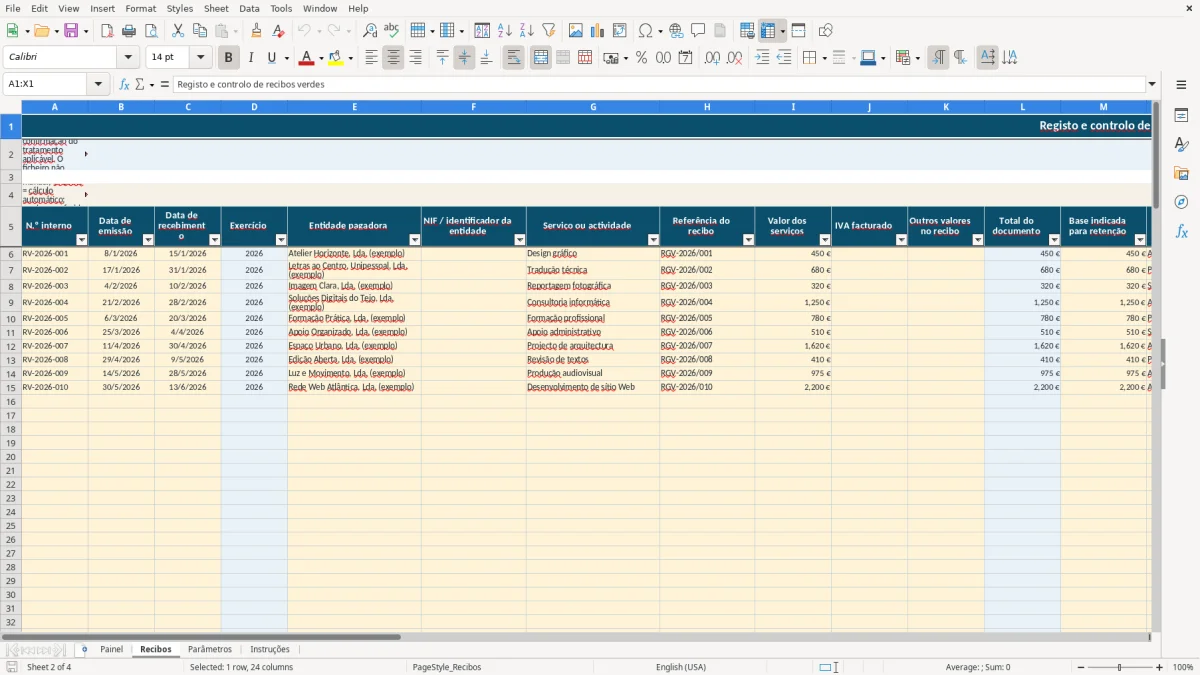 Pré-visualização da folha Recibos do ficheiro Retenção na fonte de recibos verdes em Excel: Modelo Grátis