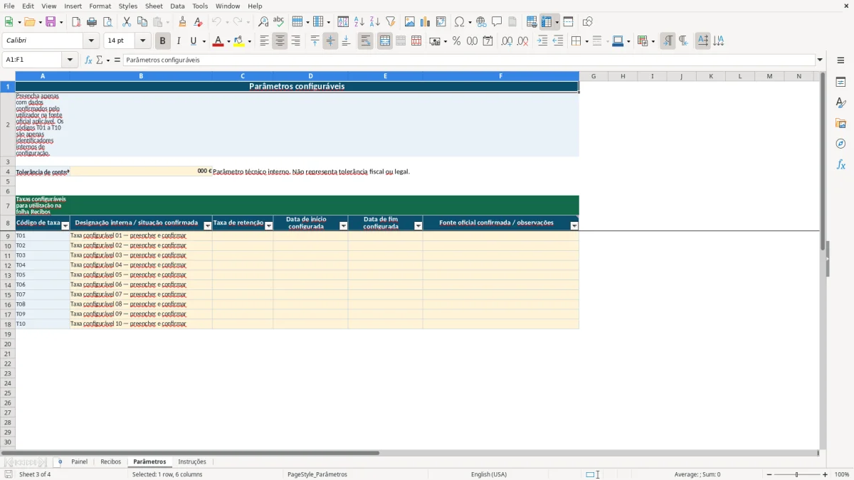 Pré-visualização da folha Parâmetros do ficheiro Retenção na fonte de recibos verdes em Excel: Modelo Grátis