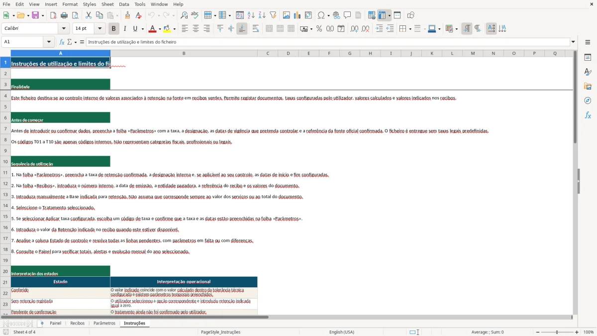 Pré-visualização da folha Instruções do ficheiro Retenção na fonte de recibos verdes em Excel: Modelo Grátis