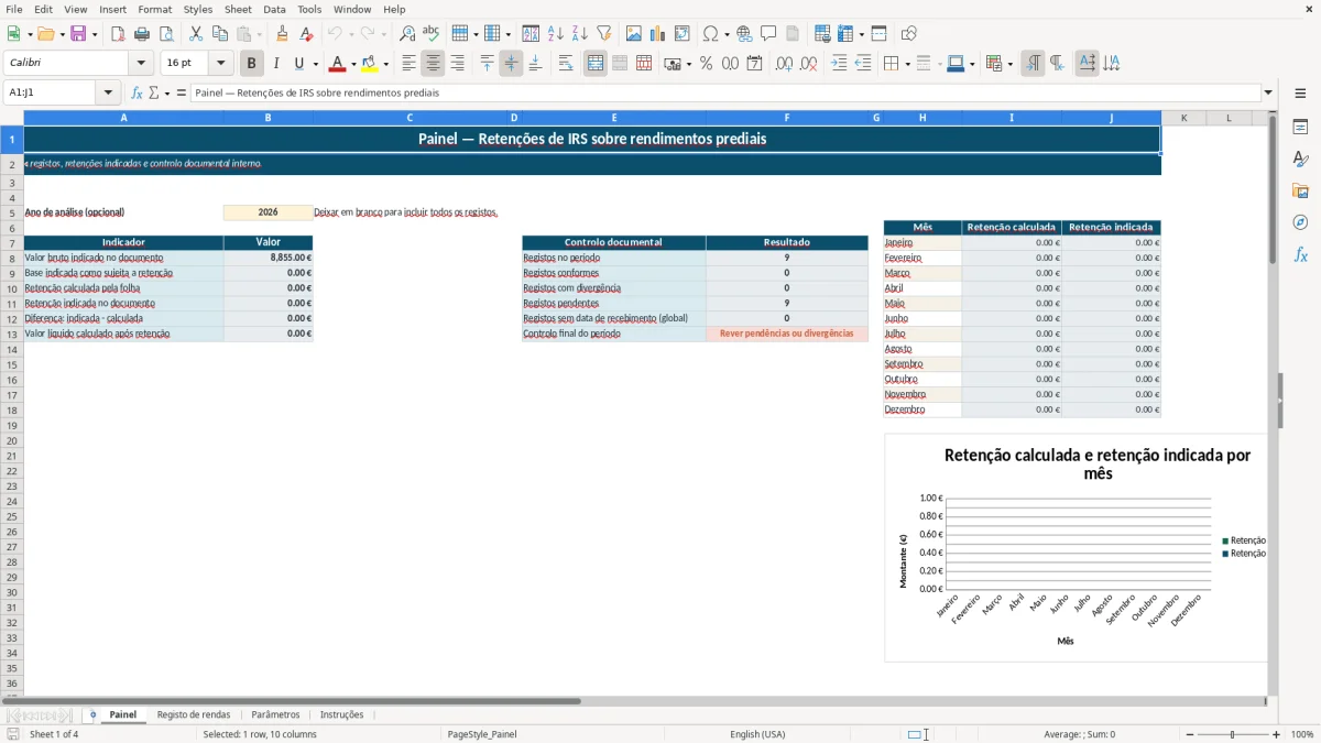 Pré-visualização da folha Painel do ficheiro Retenções de IRS sobre rendimentos prediais em Excel: Modelo Grátis