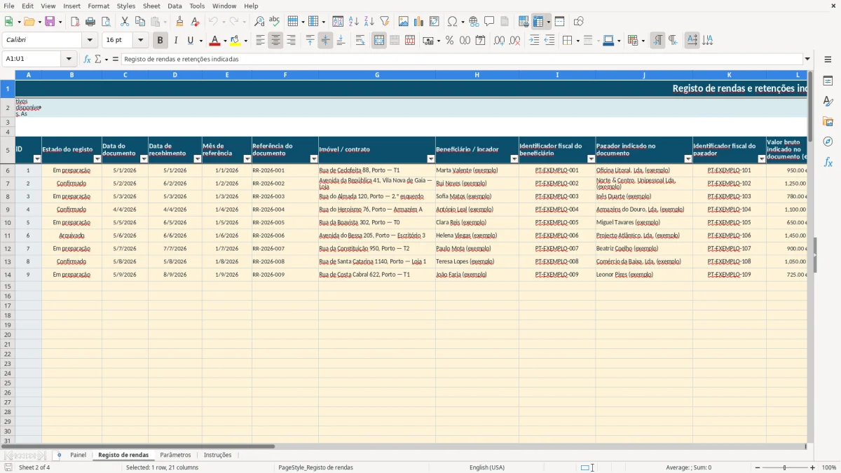 Pré-visualização da folha Registo de rendas do ficheiro Retenções de IRS sobre rendimentos prediais em Excel: Modelo Grátis