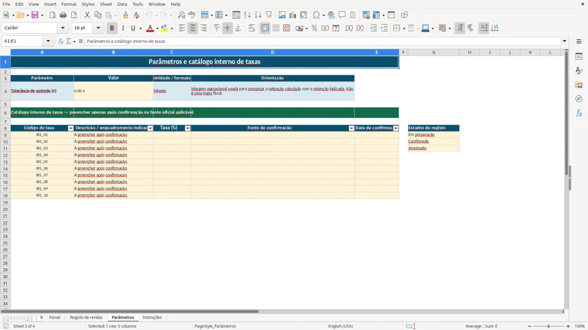 Pré-visualização da folha Parâmetros do ficheiro Retenções de IRS sobre rendimentos prediais em Excel: Modelo Grátis