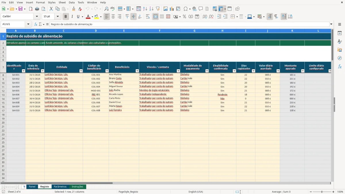 Pré-visualização da folha Registo do ficheiro Subsídio de alimentação em Excel: Modelo Grátis