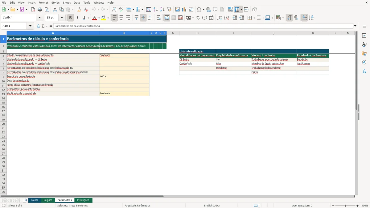 Pré-visualização da folha Parâmetros do ficheiro Subsídio de alimentação em Excel: Modelo Grátis