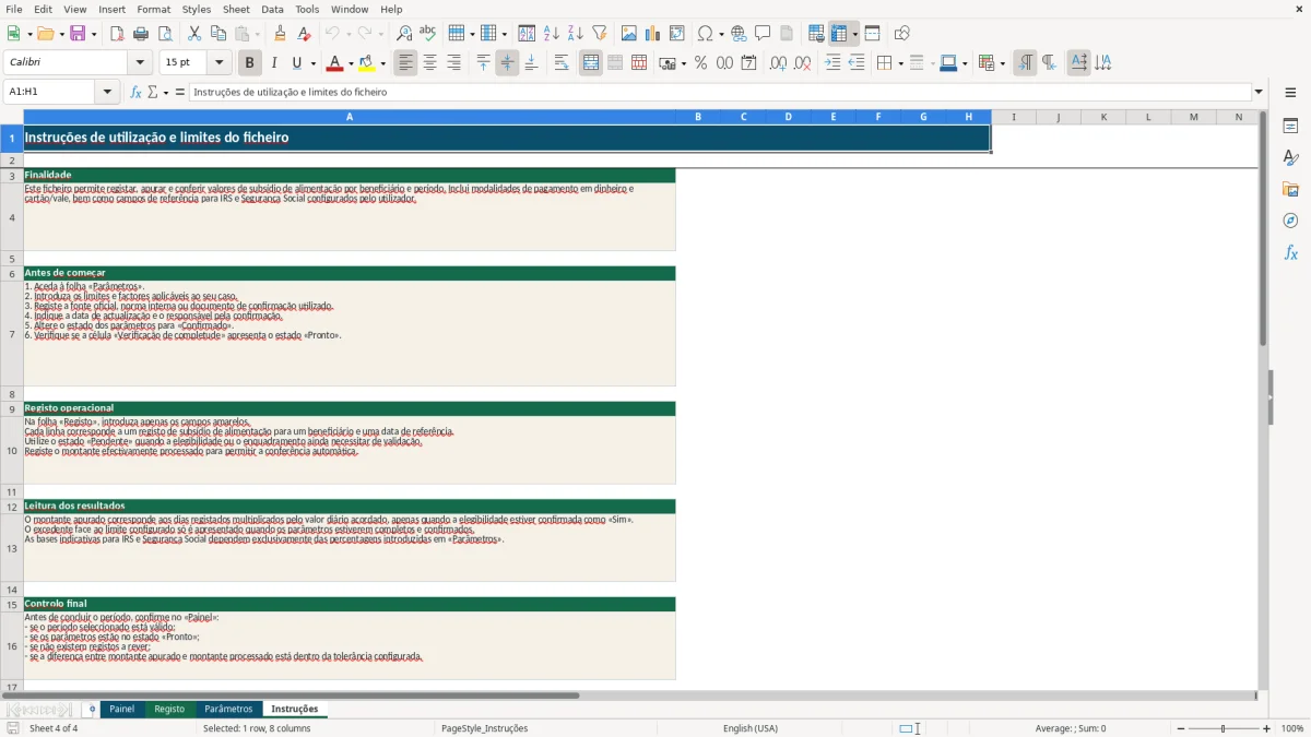 Pré-visualização da folha Instruções do ficheiro Subsídio de alimentação em Excel: Modelo Grátis