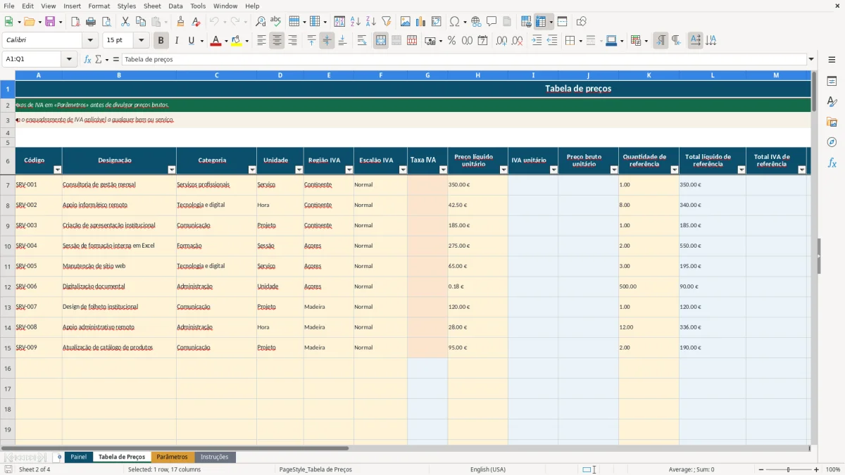 Pré-visualização da folha Tabela de Preços do ficheiro Tabela de preços com IVA em Excel para Portugal — Modelo Grátis