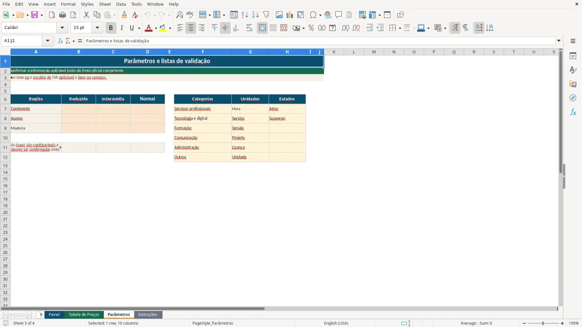 Pré-visualização da folha Parâmetros do ficheiro Tabela de preços com IVA em Excel para Portugal — Modelo Grátis