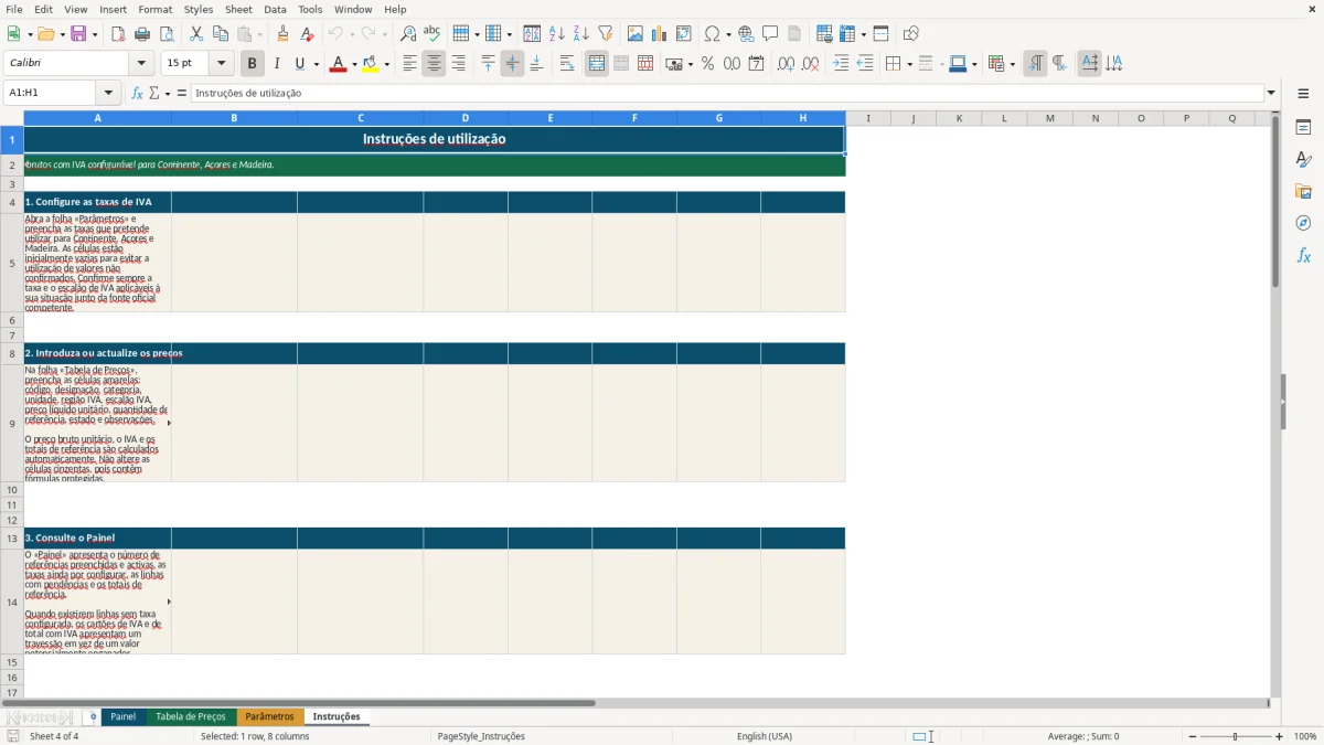Pré-visualização da folha Instruções do ficheiro Tabela de preços com IVA em Excel para Portugal — Modelo Grátis