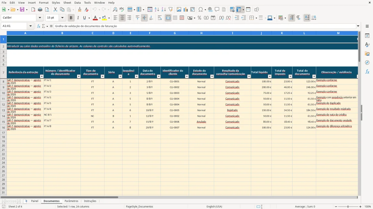 Pré-visualização da folha Documentos do ficheiro Validação SAF-T de faturação em Excel: Modelo Grátis