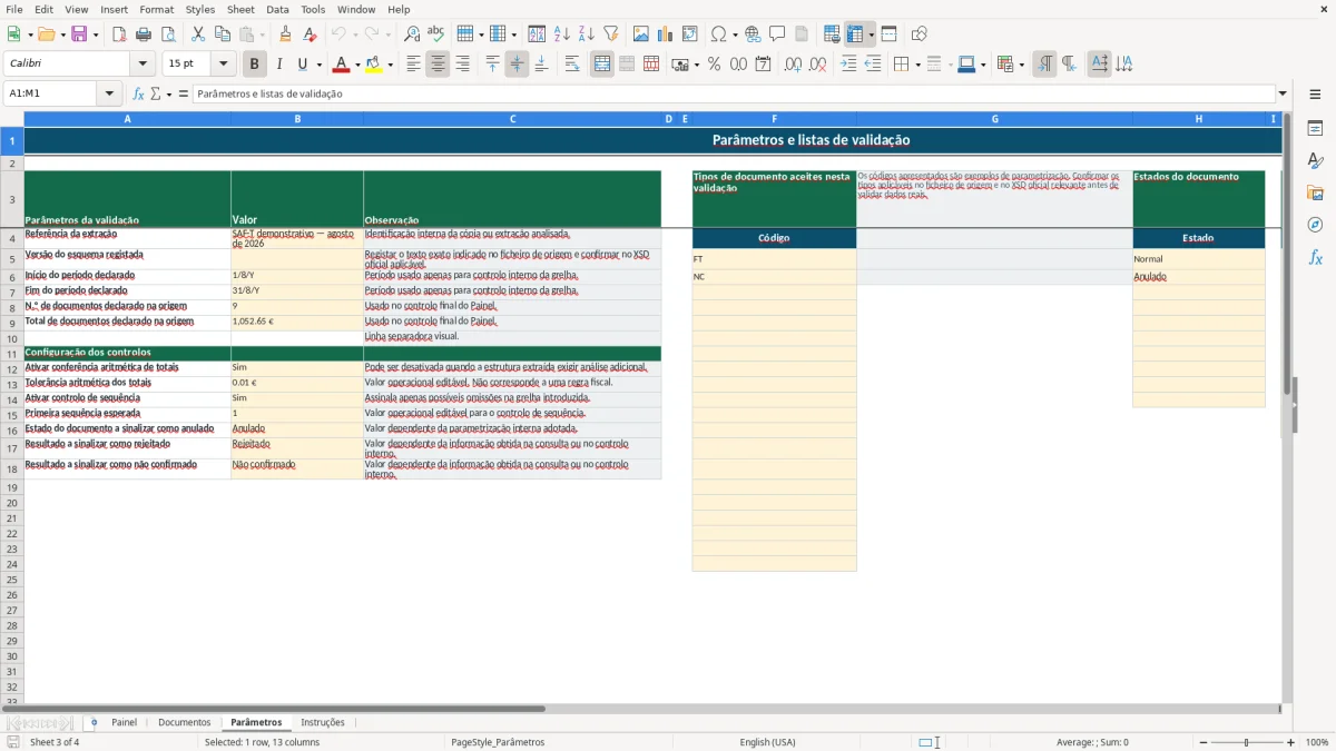 Pré-visualização da folha Parâmetros do ficheiro Validação SAF-T de faturação em Excel: Modelo Grátis