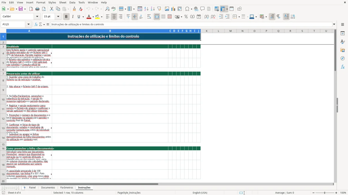 Pré-visualização da folha Instruções do ficheiro Validação SAF-T de faturação em Excel: Modelo Grátis